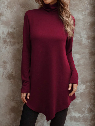 Roksana – Długa bluzka damska z wysokim kołnierzem i nowoczesnym fasonem