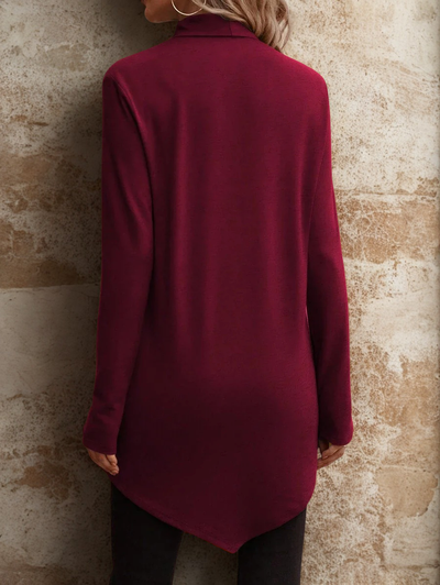 Roksana – Długa bluzka damska z wysokim kołnierzem i nowoczesnym fasonem