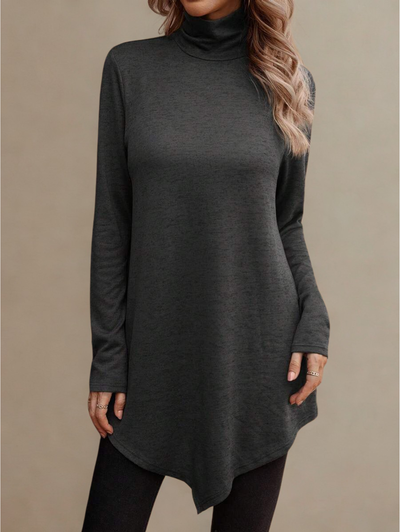 Roksana – Długa bluzka damska z wysokim kołnierzem i nowoczesnym fasonem